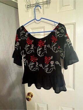 Candie's Black Peplum Blouse with Red & White Floral Embroidery